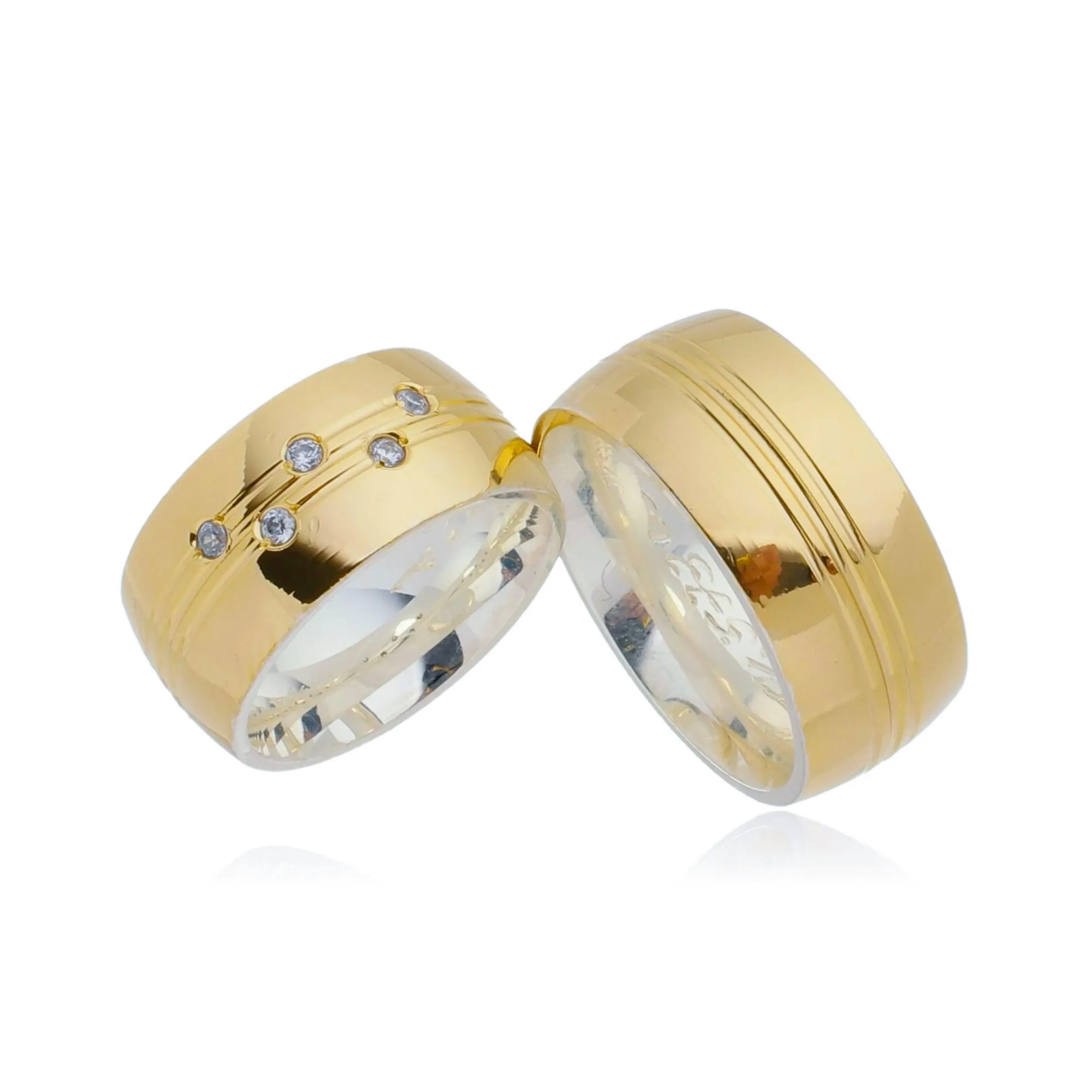 Par de alianças prata com ouro para casamento e noivado 10mm