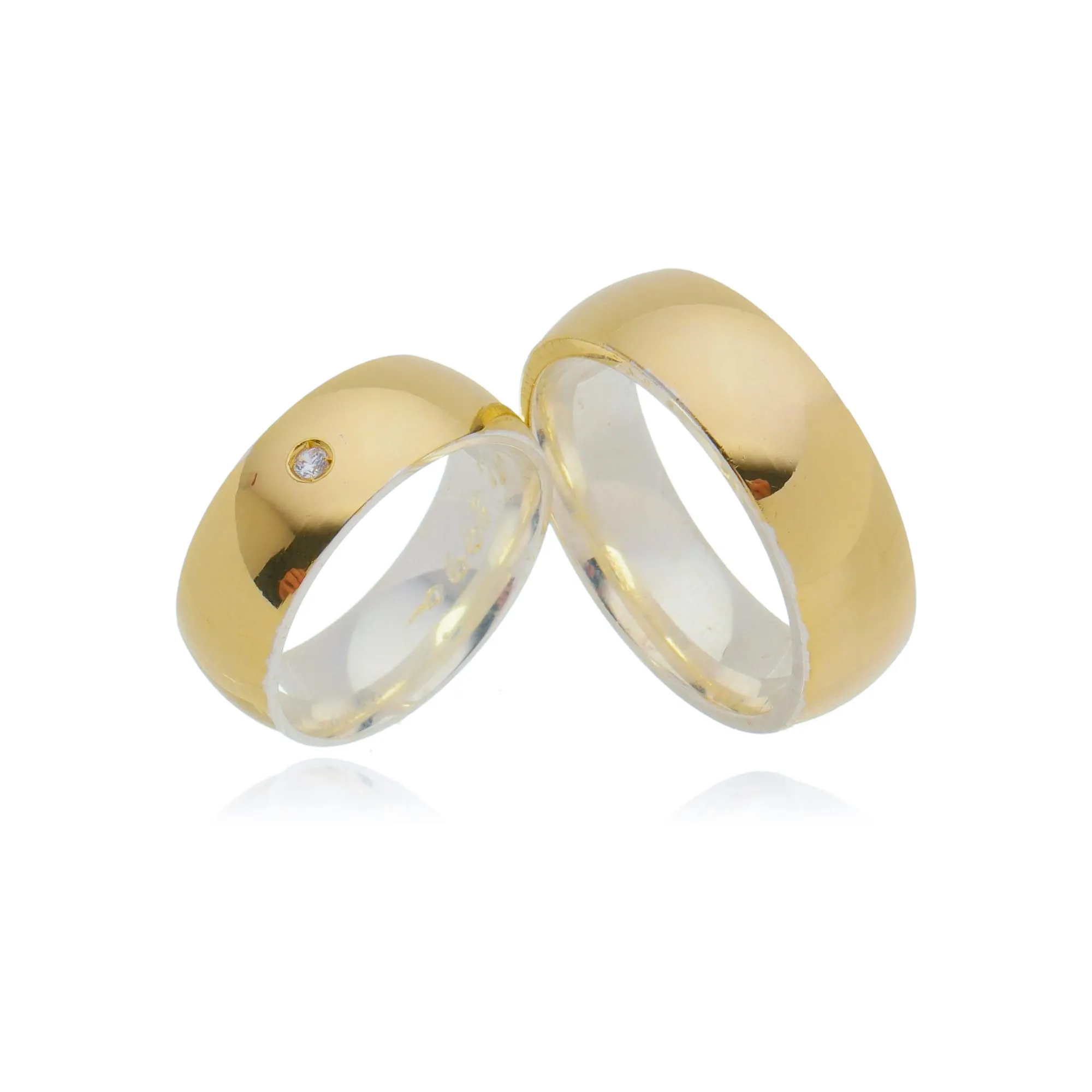 Par de Alianças Prata com Ouro para Casamento 7mm + Anel Solitário Brinde