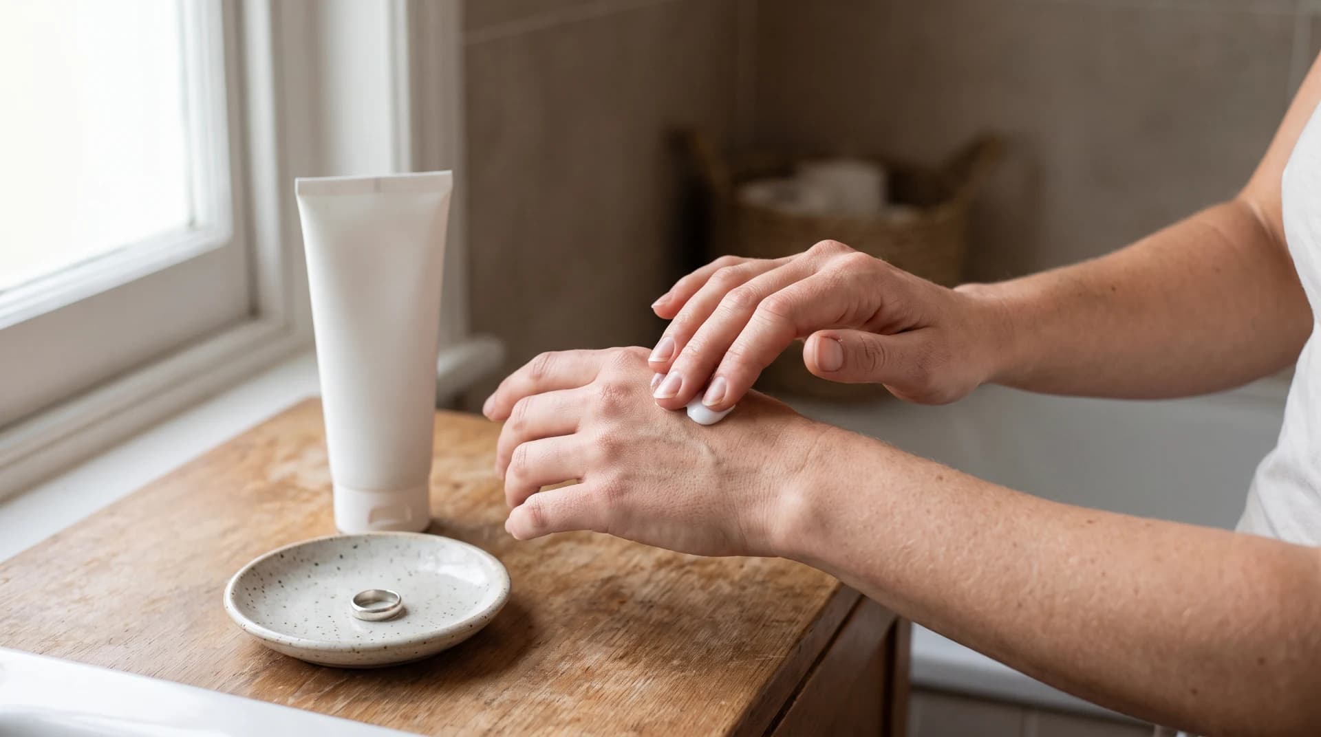 Pessoa passando creme nas mãos com a aliança apoiada em um pires