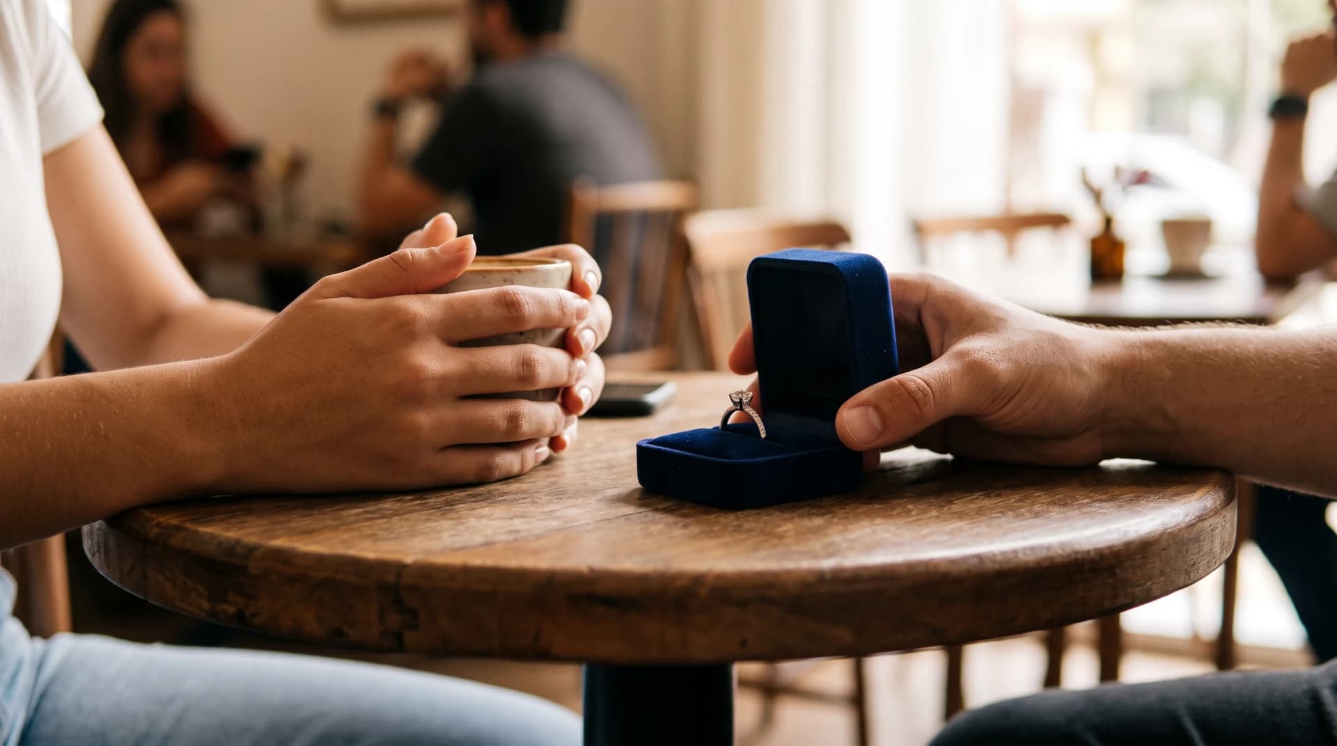 Rapaz entregando anel solitário de prata em caixinha de veludo numa mesa de café