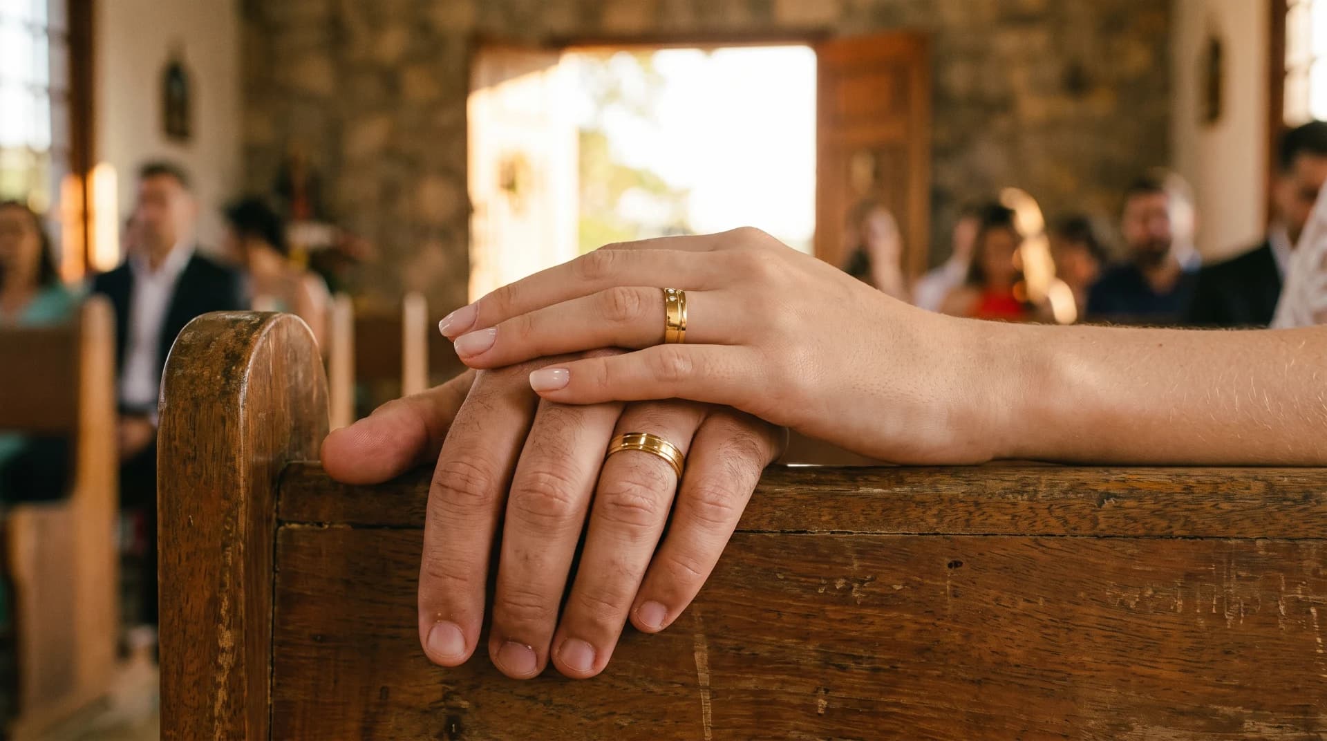 Mãos esquerdas de recém-casados com alianças de ouro no banco da capela