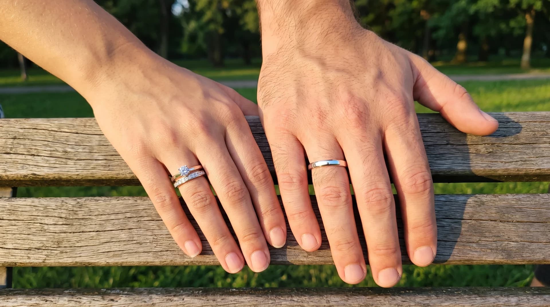Mãos direitas de um casal de namorados com alianças de prata no anelar, apoiadas no banco do parque